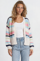 Soren Cardigan - Open Front Striped Knit with Rib Knit Trim in White/Blue