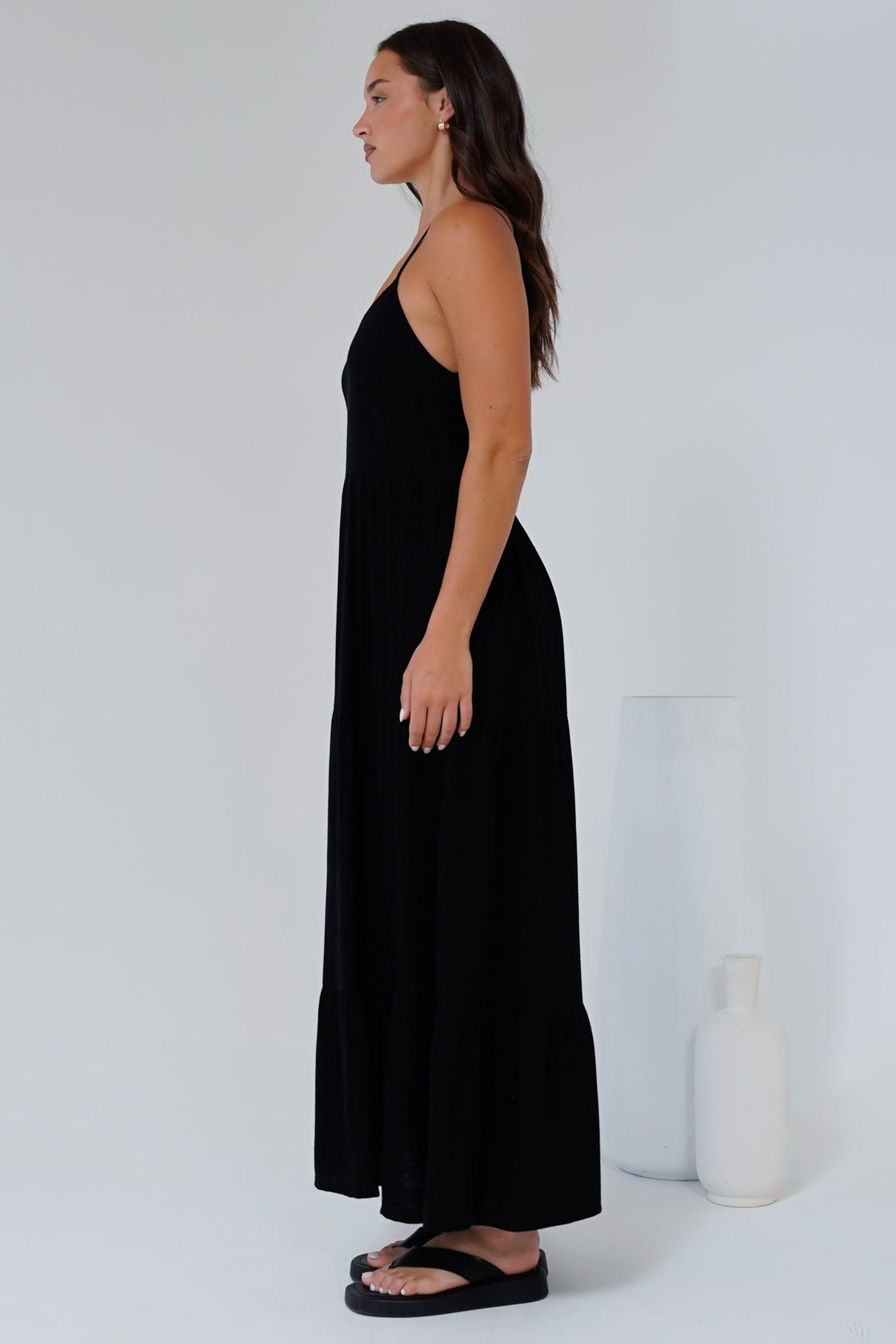 Bounty Maxi Dress - Soft V-Neckline Tiered Linen Dress in Black