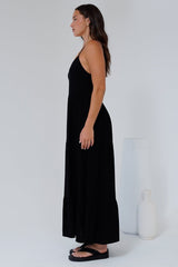 Bounty Maxi Dress - Soft V-Neckline Tiered Linen Dress in Black