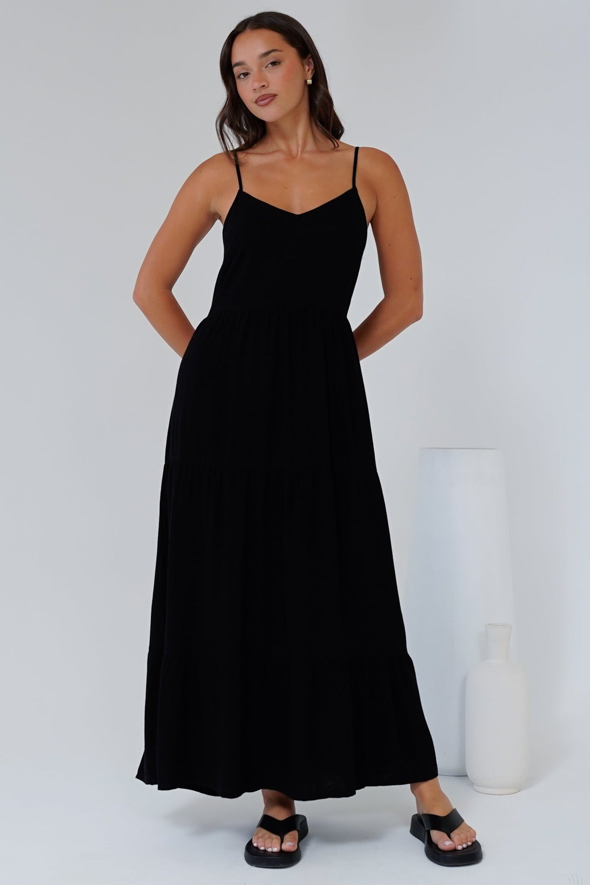 Bounty Maxi Dress - Soft V-Neckline Tiered Linen Dress in Black