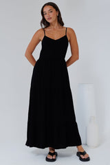 Bounty Maxi Dress - Soft V-Neckline Tiered Linen Dress in Black