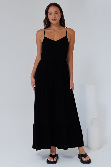 Bounty Maxi Dress - Soft V-Neckline Tiered Linen Dress in Black