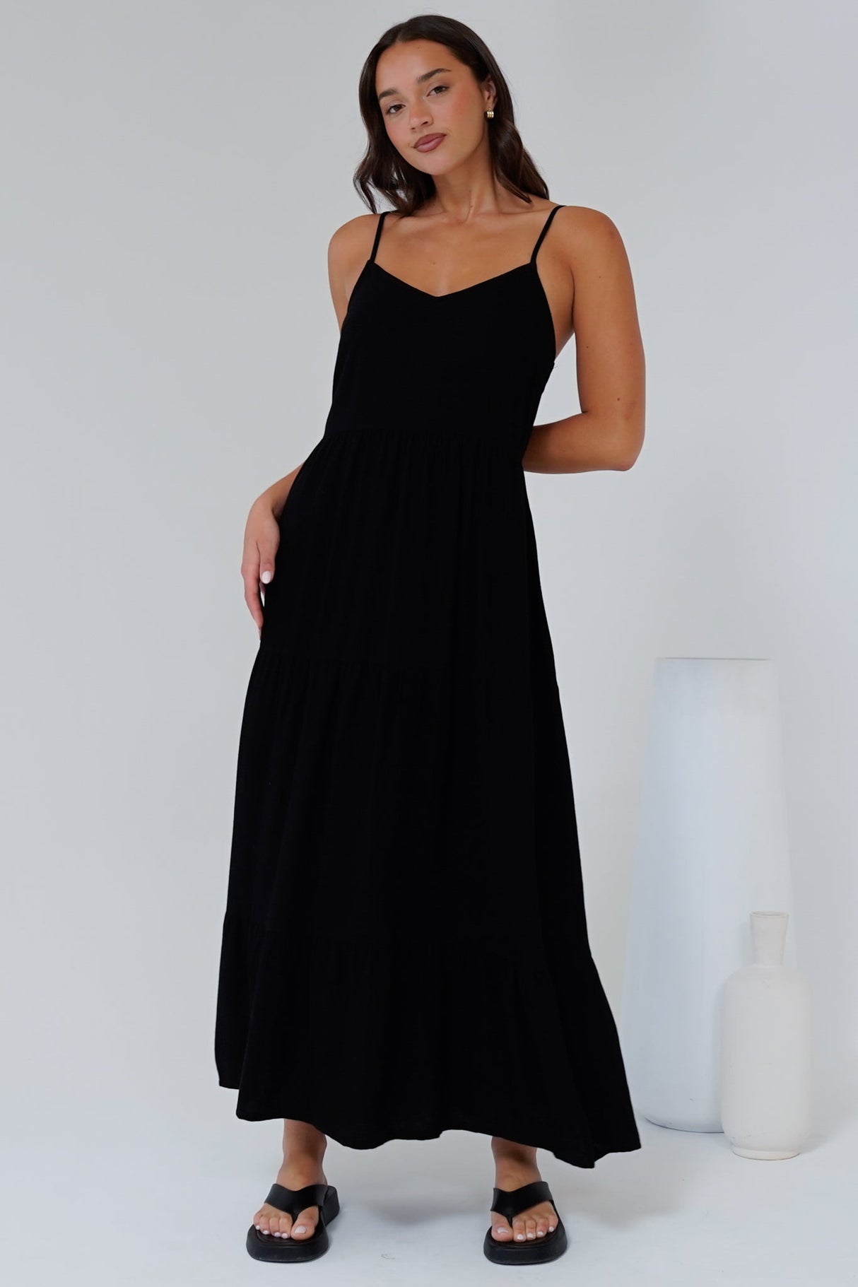 Bounty Maxi Dress - Soft V-Neckline Tiered Linen Dress in Black