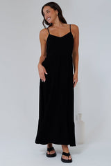 Bounty Maxi Dress - Soft V-Neckline Tiered Linen Dress in Black