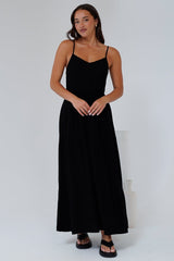 Bounty Maxi Dress - Soft V-Neckline Tiered Linen Dress in Black
