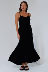 Bounty Maxi Dress - Soft V-Neckline Tiered Linen Dress in Black