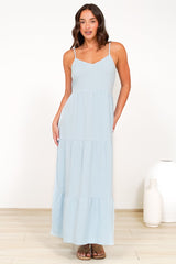 Bounty Maxi Dress - Soft V-Neckline Tiered Linen Dress in Light Blue