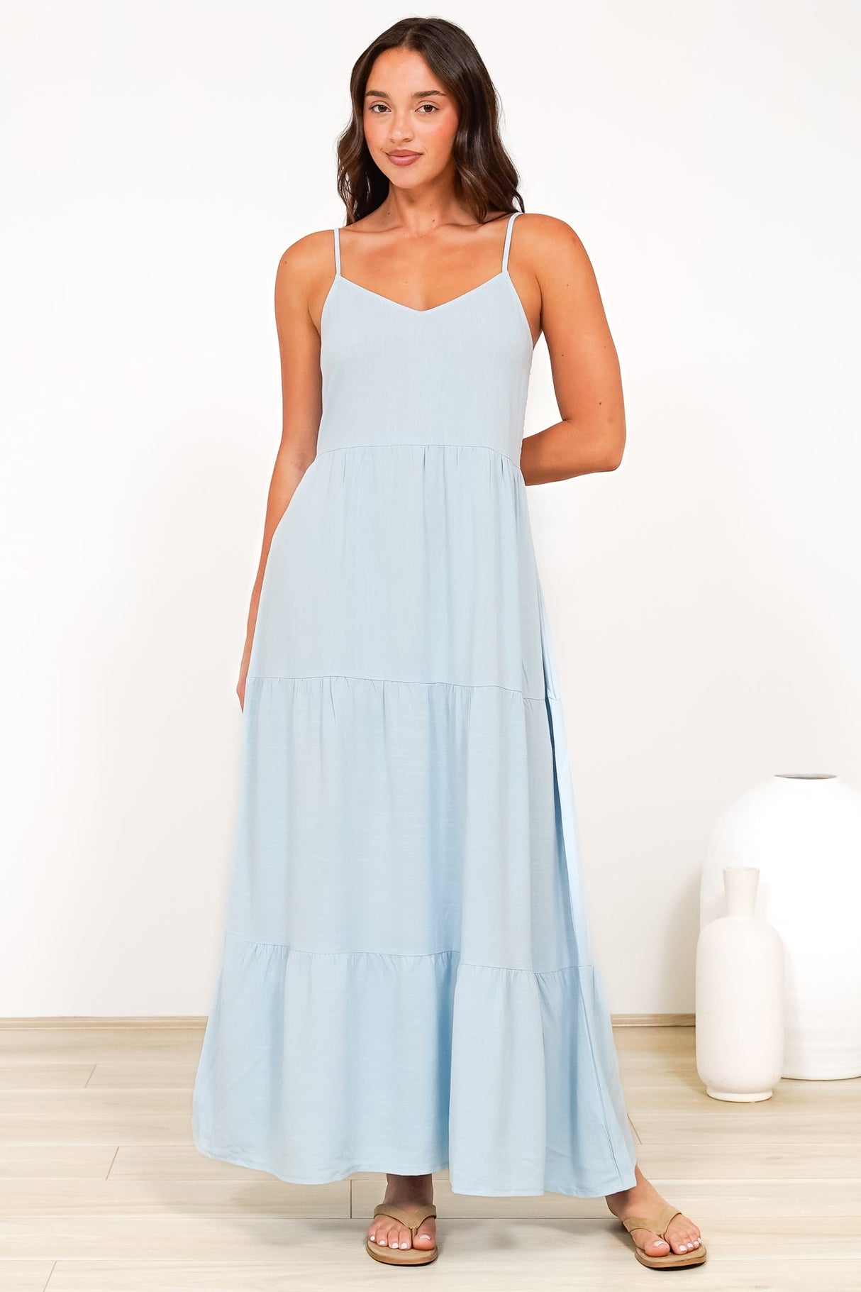 Bounty Maxi Dress - Soft V-Neckline Tiered Linen Dress in Light Blue