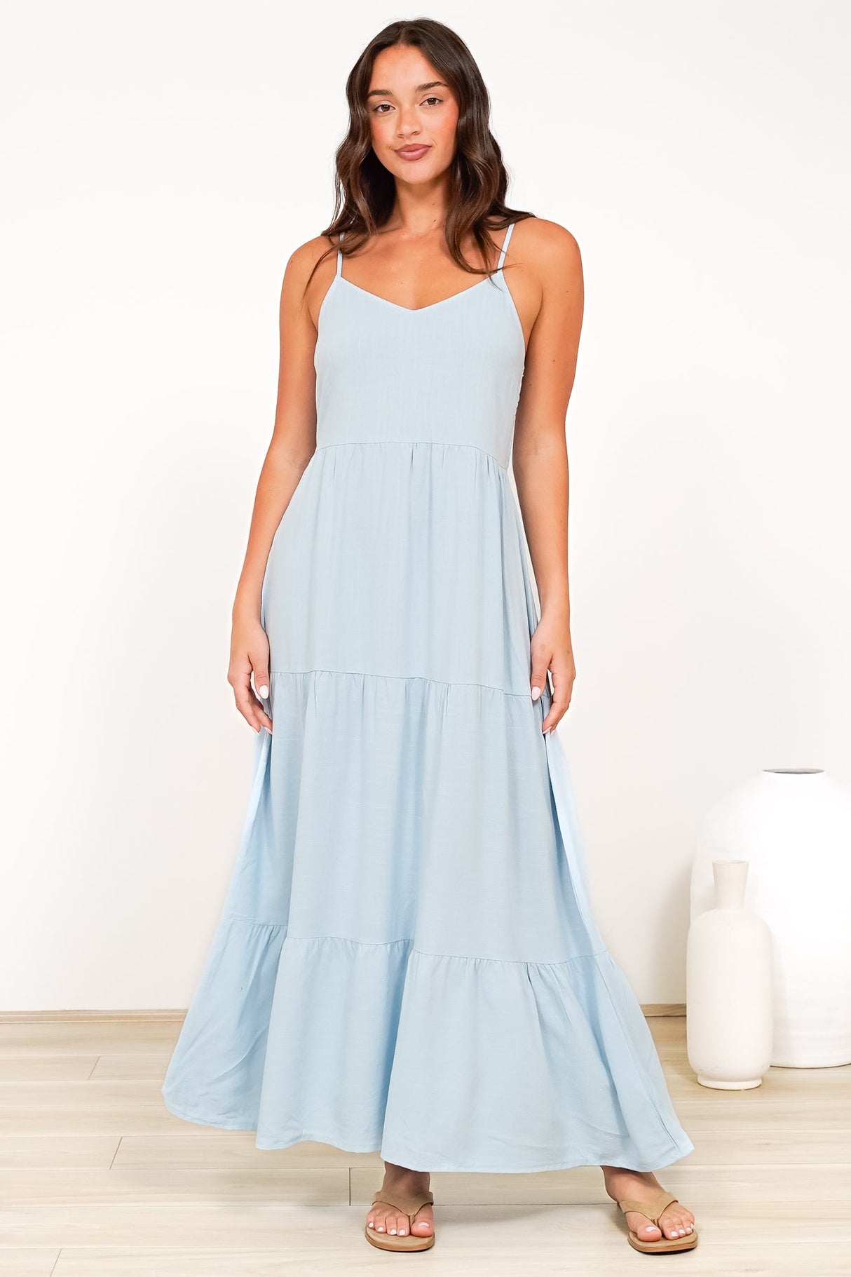 Bounty Maxi Dress - Soft V-Neckline Tiered Linen Dress in Light Blue