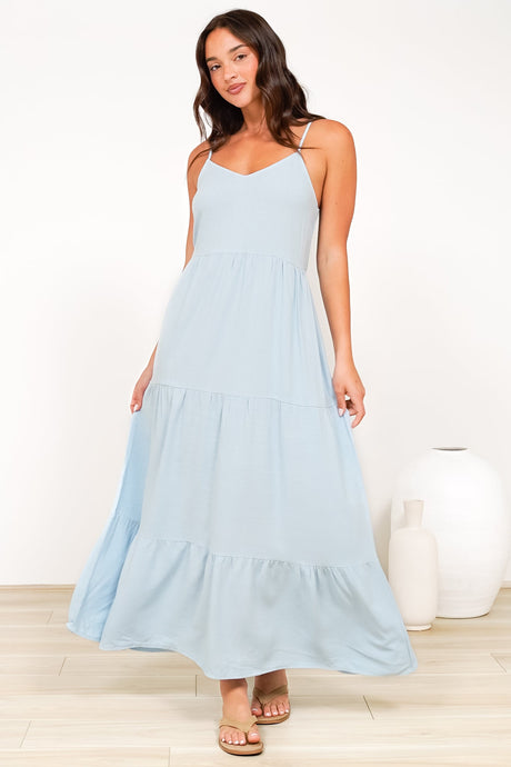 Bounty Maxi Dress - Soft V-Neckline Tiered Linen Dress in Light Blue