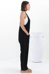 Bradley Jumpsuit - Scoop Neckline Overalls with Contrast Stitching in Black