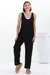 Bradley Jumpsuit - Scoop Neckline Overalls with Contrast Stitching in Black