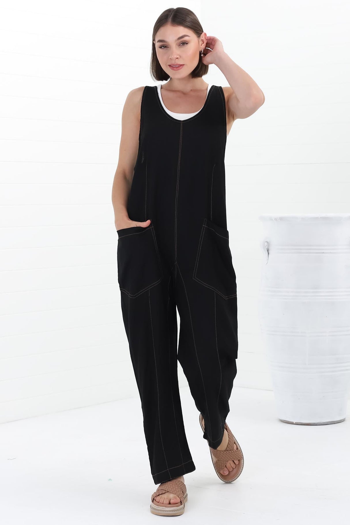 Bradley Jumpsuit - Scoop Neckline Overalls with Contrast Stitching in Black