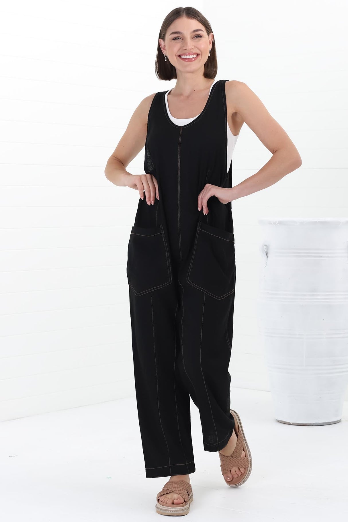 Bradley Jumpsuit - Scoop Neckline Overalls with Contrast Stitching in Black