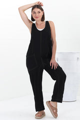 Bradley Jumpsuit - Scoop Neckline Overalls with Contrast Stitching in Black