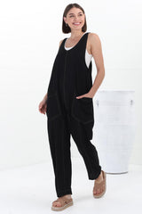 Bradley Jumpsuit - Scoop Neckline Overalls with Contrast Stitching in Black