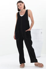 Bradley Jumpsuit - Scoop Neckline Overalls with Contrast Stitching in Black