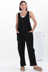 Bradley Jumpsuit - Scoop Neckline Overalls with Contrast Stitching in Black