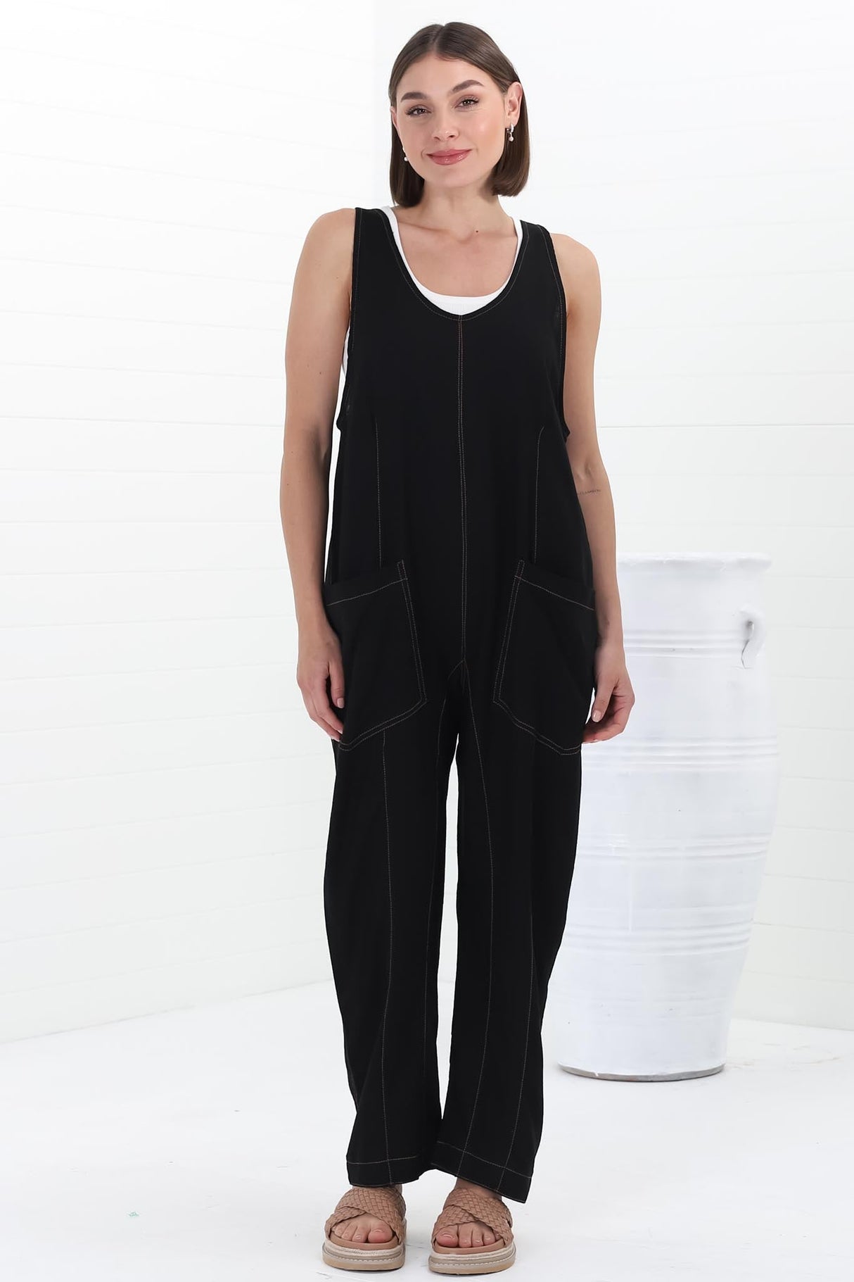 Bradley Jumpsuit - Scoop Neckline Overalls with Contrast Stitching in Black