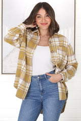 Bradshaw Shacket - Scoop High Low Checkert Shirt Jacket in Yellow