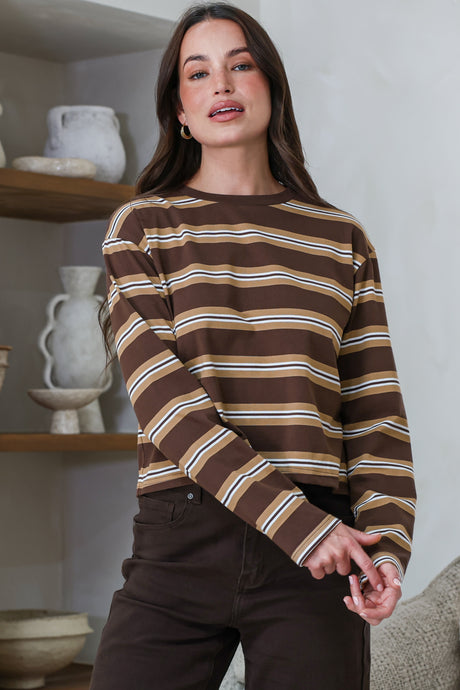 Brady Top - Crew Neck Relaxed Long Sleeve Cropped Tee in Brown Stripe