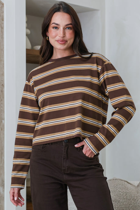 Model wearing Brady Top in Brown Stripe from Salty Crush