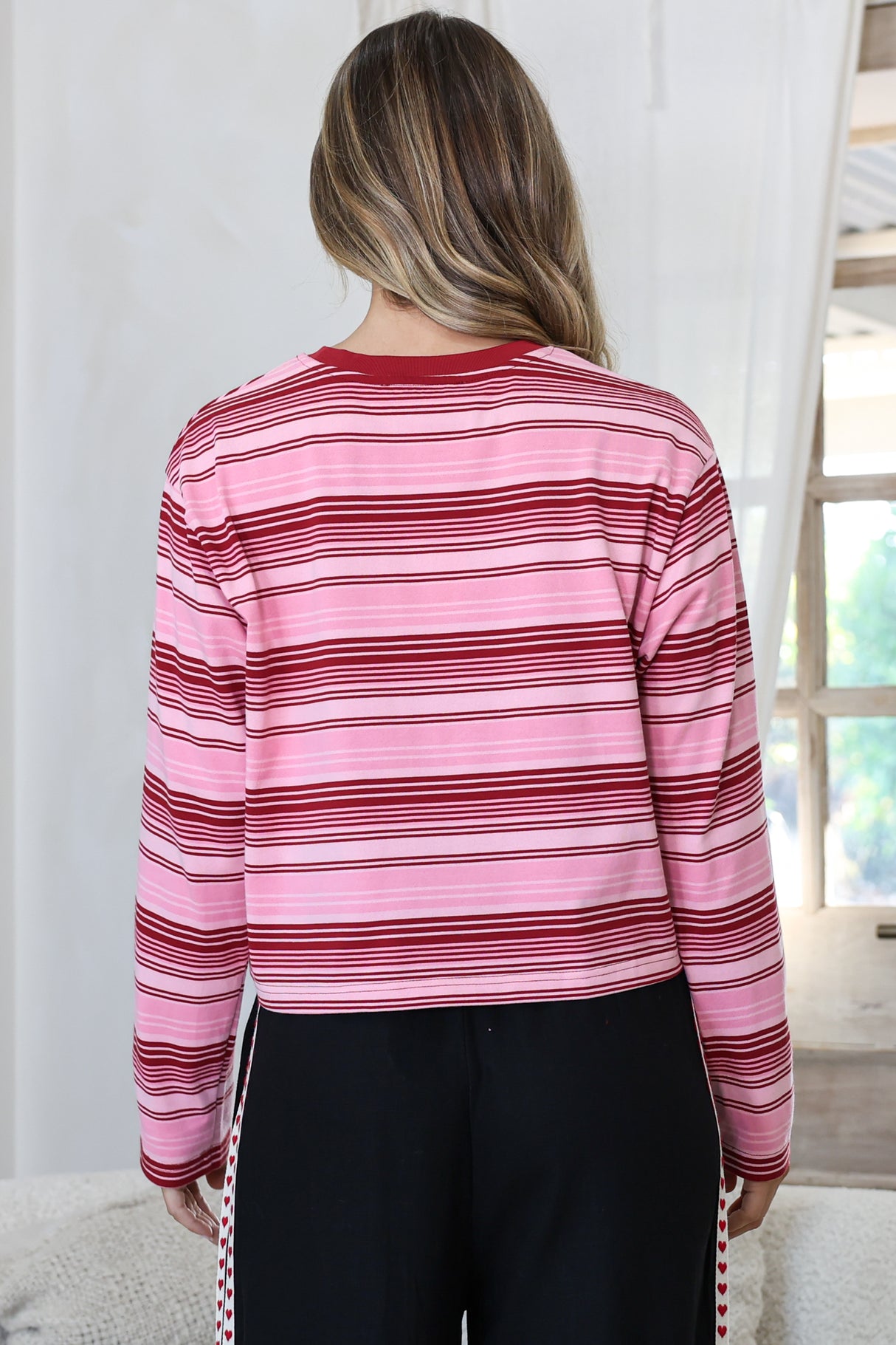 Brady Top - Crew Neck Relaxed Long Sleeve Cropped Tee in Pink Stripe