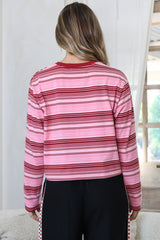 Brady Top - Crew Neck Relaxed Long Sleeve Cropped Tee in Pink Stripe