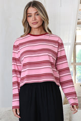 Brady Top - Crew Neck Relaxed Long Sleeve Cropped Tee in Pink Stripe