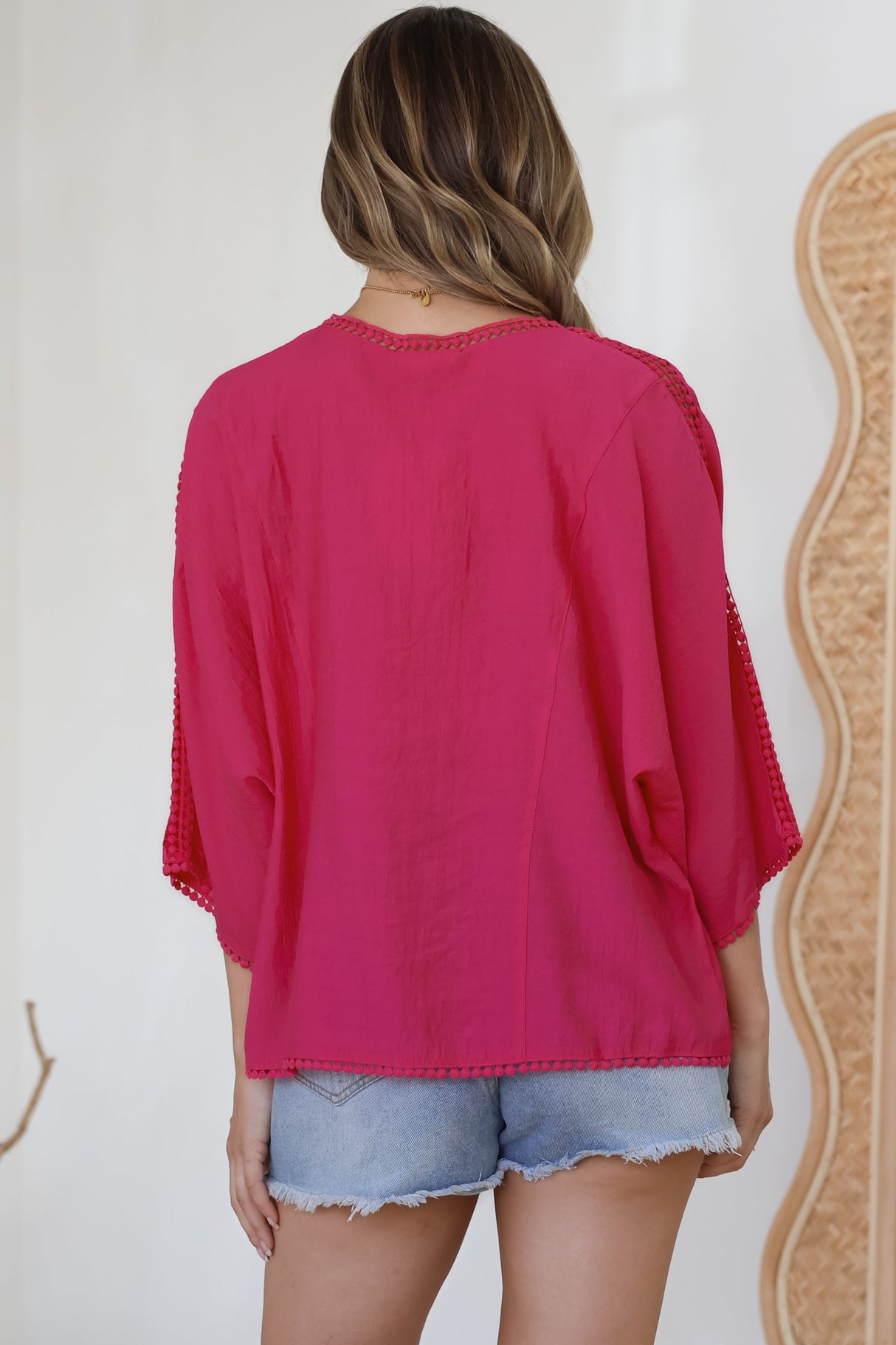 Brandi Top - Crochet Trim V-Neck Pull Over in Hot Pink