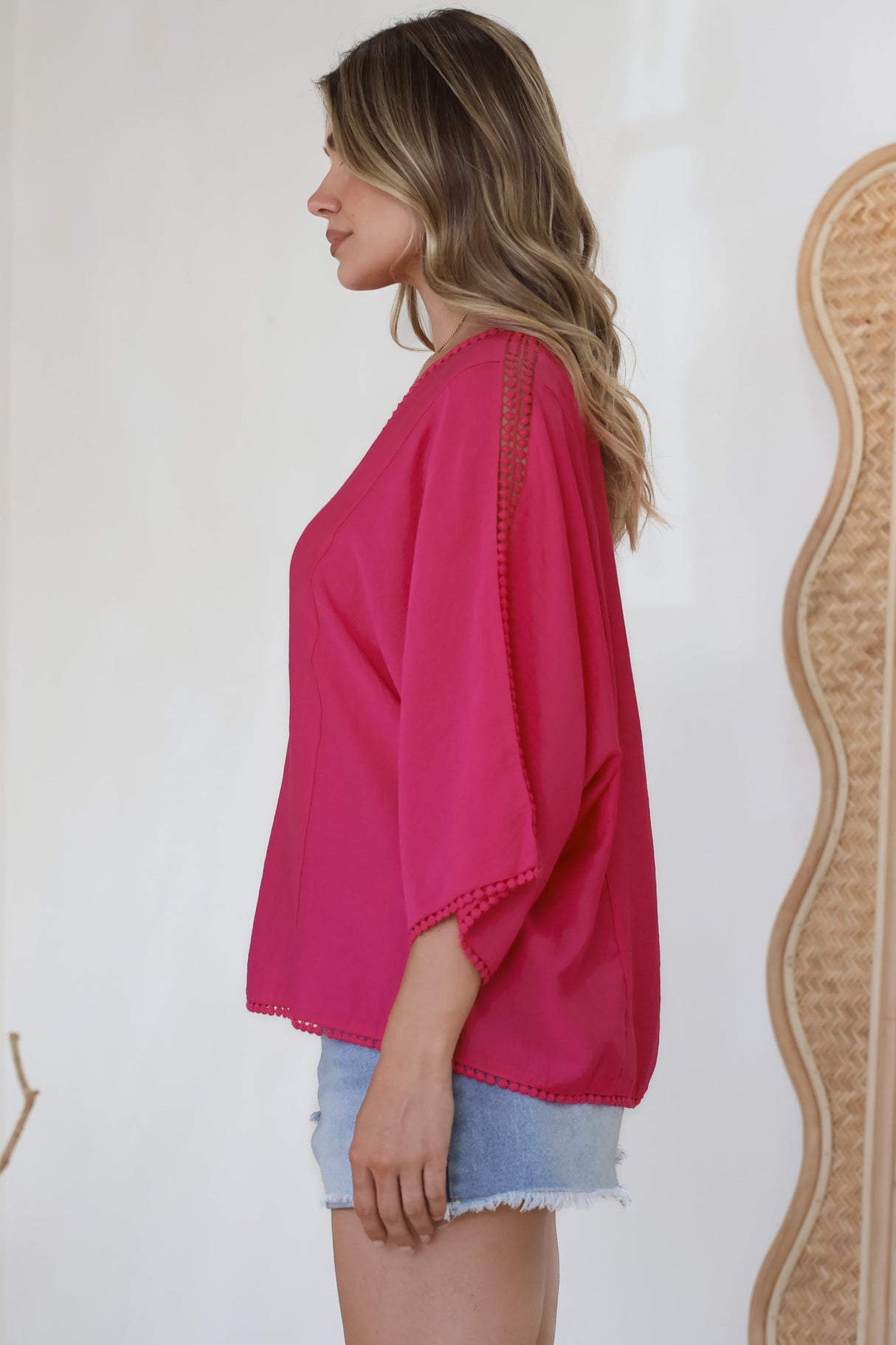 Brandi Top - Crochet Trim V-Neck Pull Over in Hot Pink