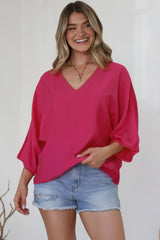 Brandi Top - Crochet Trim V-Neck Pull Over in Hot Pink