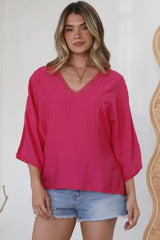 Brandi Top - Crochet Trim V-Neck Pull Over in Hot Pink