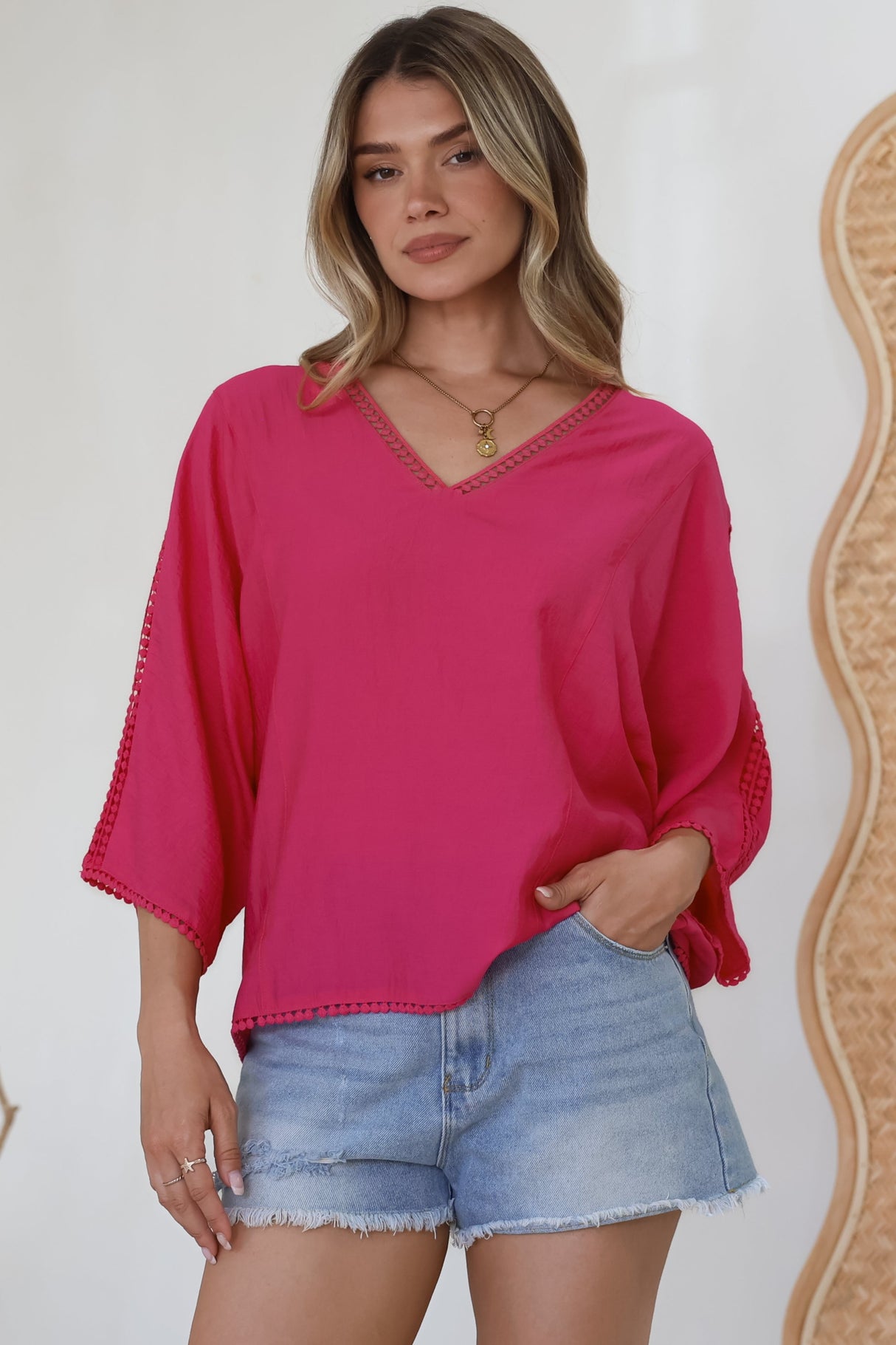 Brandi Top - Crochet Trim V-Neck Pull Over in Hot Pink