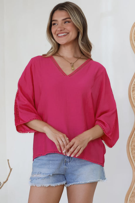 Brandi Top - Crochet Trim V-Neck Pull Over in Hot Pink