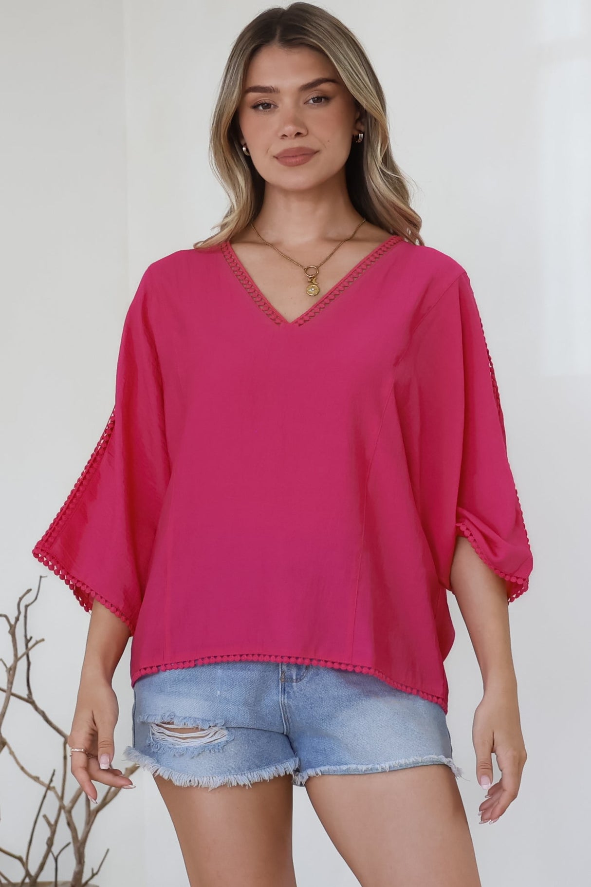 Brandi Top - Crochet Trim V-Neck Pull Over in Hot Pink