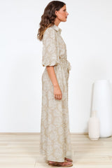 Brea Maxi Dress - Collared Shirt Dress with Belt in Catia Print Beige