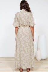 Brea Maxi Dress - Collared Shirt Dress with Belt in Catia Print Beige