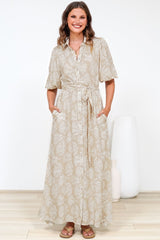 Brea Maxi Dress - Collared Shirt Dress with Belt in Catia Print Beige