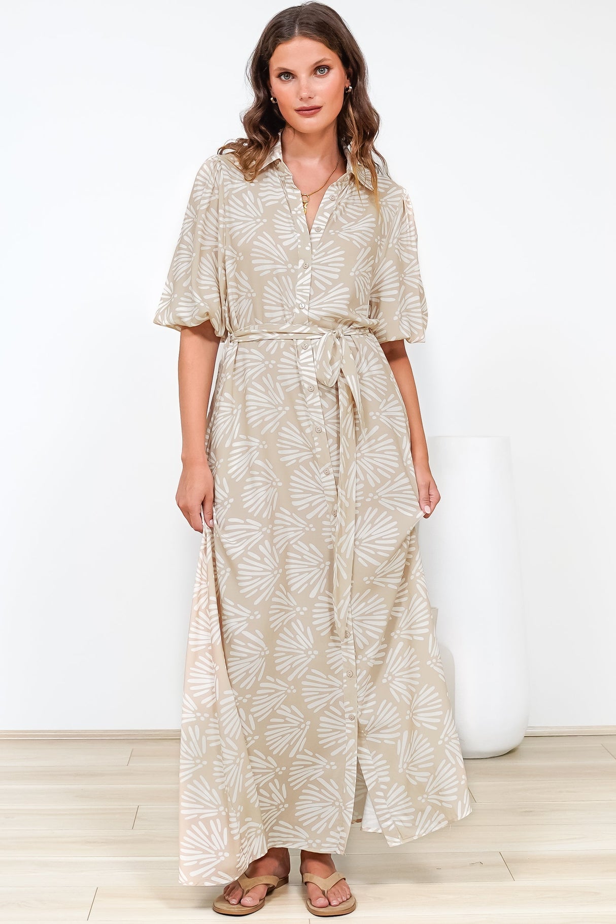 Brea Maxi Dress - Collared Shirt Dress with Belt in Catia Print Beige