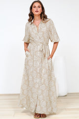Brea Maxi Dress - Collared Shirt Dress with Belt in Catia Print Beige