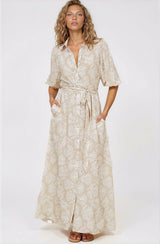 Brea Maxi Dress - Collared Shirt Dress with Belt in Catia Print Beige
