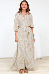 Brea Maxi Dress - Collared Shirt Dress with Belt in Catia Print Beige