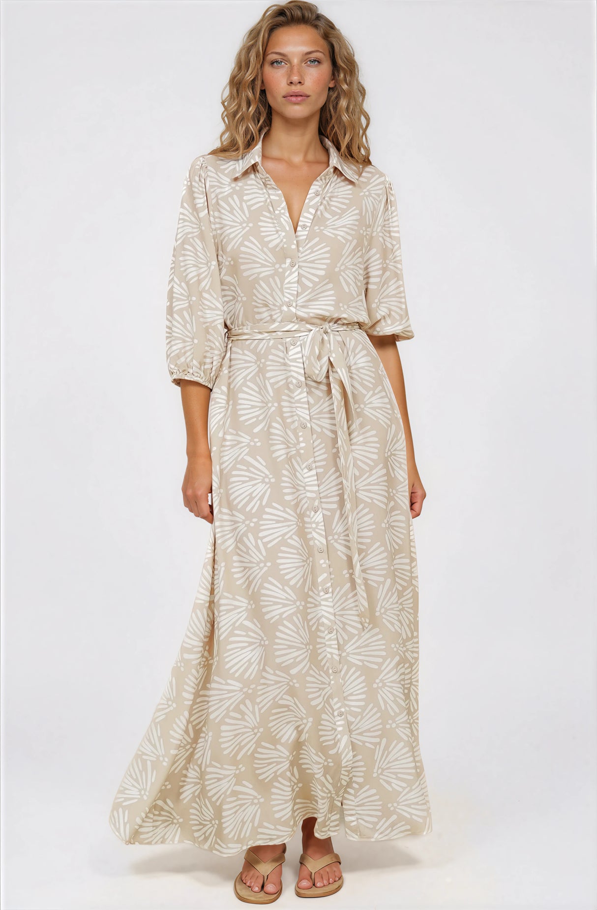 Brea Maxi Dress - Collared Shirt Dress with Belt in Catia Print Beige