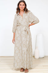 Brea Maxi Dress - Collared Shirt Dress with Belt in Catia Print Beige