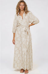 Brea Maxi Dress - Collared Shirt Dress with Belt in Catia Print Beige