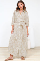 Brea Maxi Dress - Collared Shirt Dress with Belt in Catia Print Beige