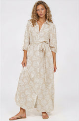 Brea Maxi Dress - Collared Shirt Dress with Belt in Catia Print Beige