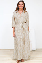 Brea Maxi Dress - Collared Shirt Dress with Belt in Catia Print Beige