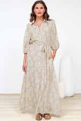 Brea Maxi Dress - Collared Shirt Dress with Belt in Catia Print Beige